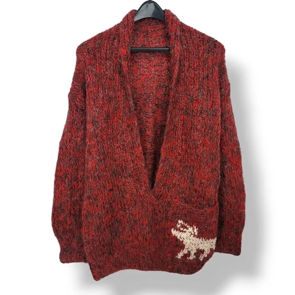 Vintage Hand Knitted Oversized V-neck Wool Knit Reindeer Sweater in Red L/XL